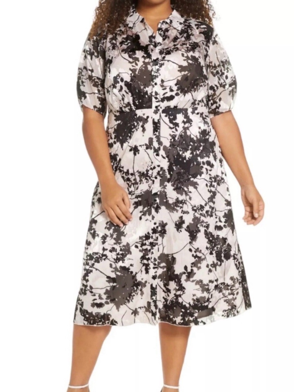 Maree Pour Toi Black White Floral Burnout Midi Shirt Dress Plus Size 20